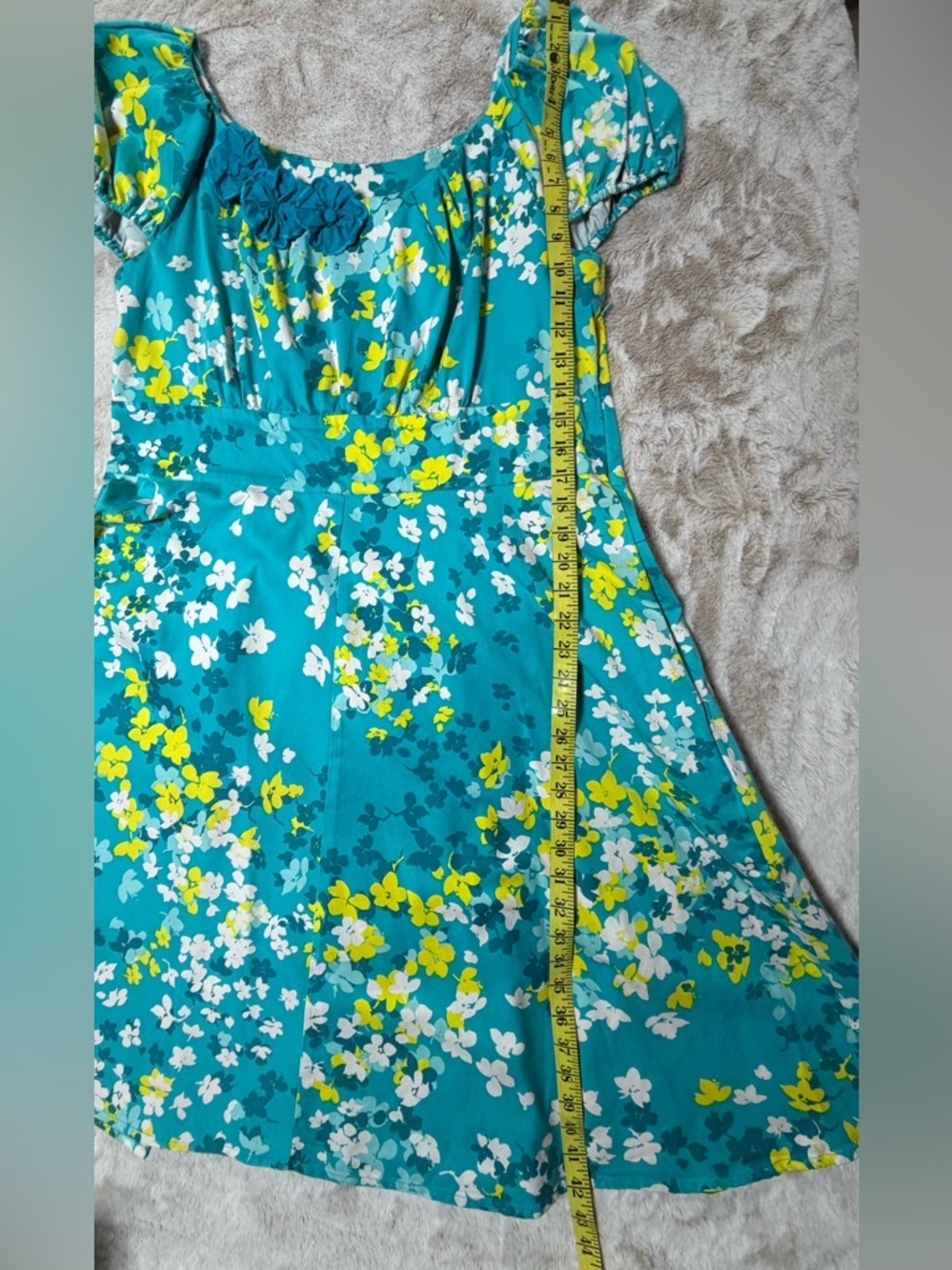 eshakti Teal Floral Puff Sleeve Dress w/Pockets & Fabric Flowers at Neckline 1X - Picture 4 of 12